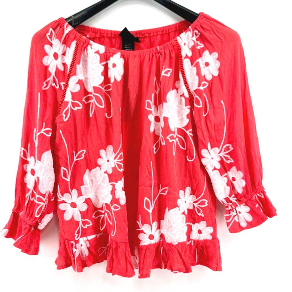 Liv Los Angeles Embroidered Top Women Small Red Floral Ruffle Peasant Modern